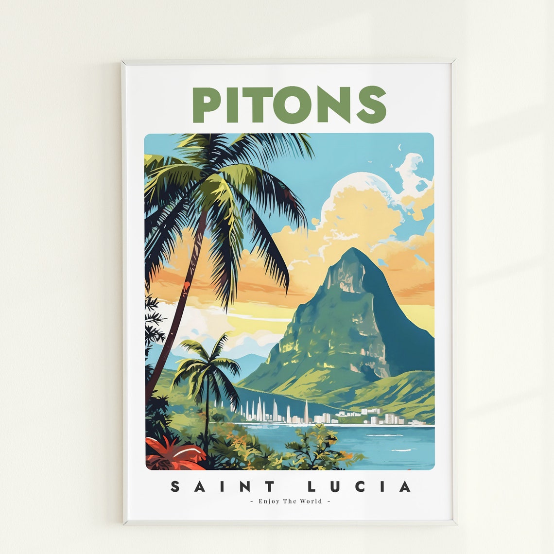 Pitons Saint Lucia Caribbean Travel Art Vintage Island Poster