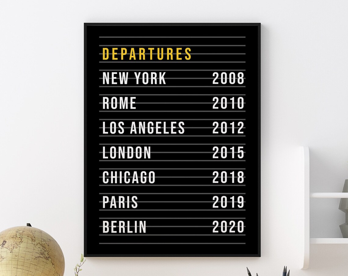 Airport Departures Board City Year Rows Travel Memory Wall Art