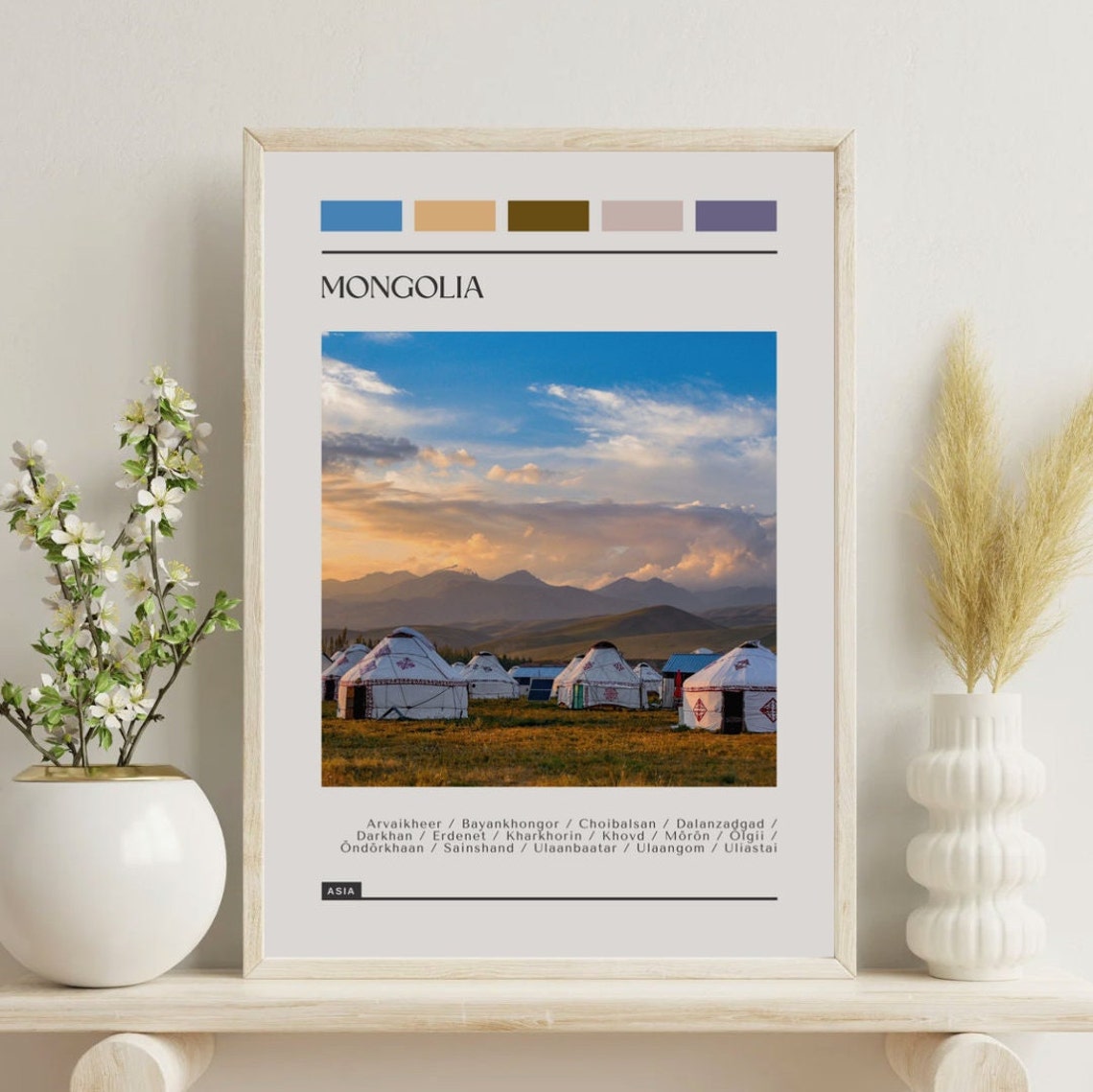 Mongolia Ger Tents Steppe Sunset Nomadic Camp Color Block Poster