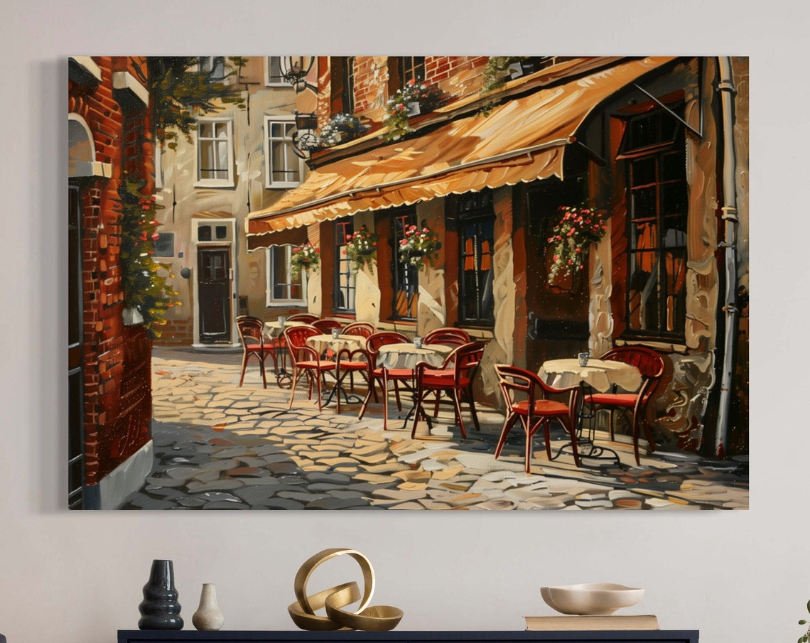 European Street Cafe Scene with Red Chairs in Old Town Poster - Image 6