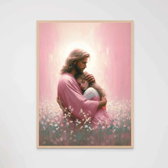 Jesus Embracing Girl in Wildflower Meadow Pink Robe Art Poster