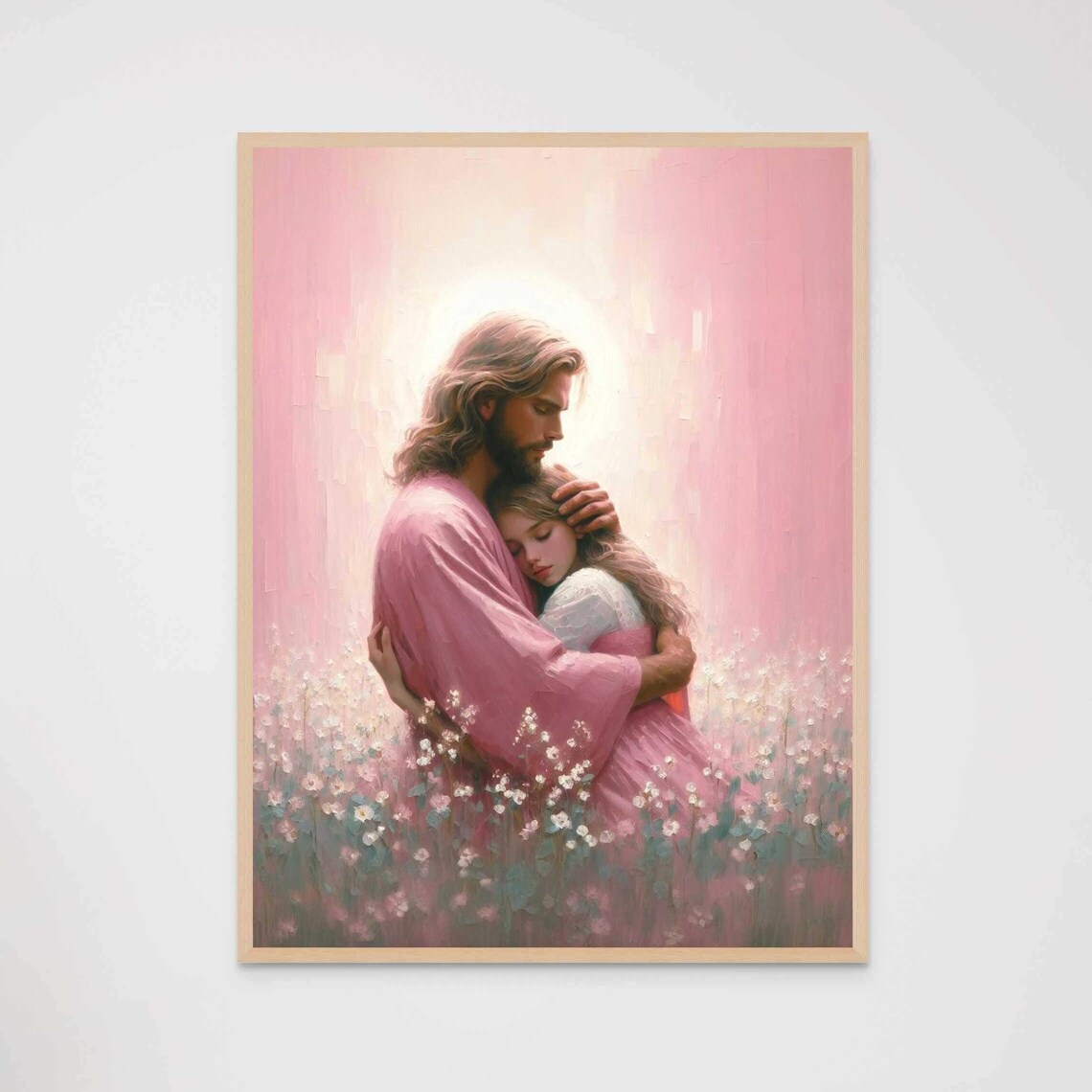 Jesus Embracing Girl in Wildflower Meadow Pink Robe Art Poster