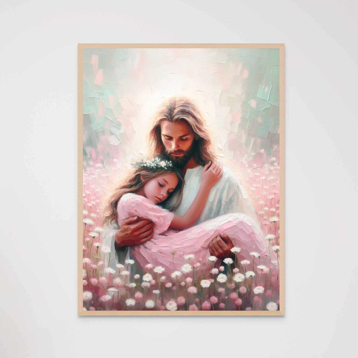 Jesus Cradling Little Girl With Flower Crown in Blossoms Poster