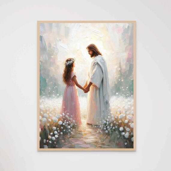 Jesus Christ and Girl Holding Hands in White Flower Field Poster