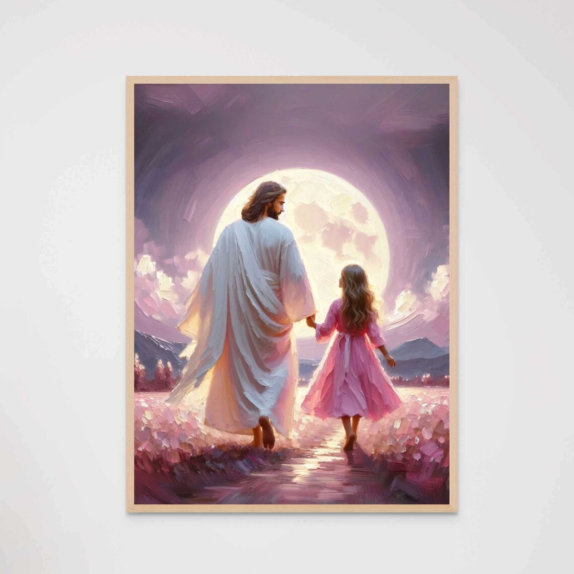 Jesus and Girl Walking Toward the Moon in Pink Night Art Poster - Image 7