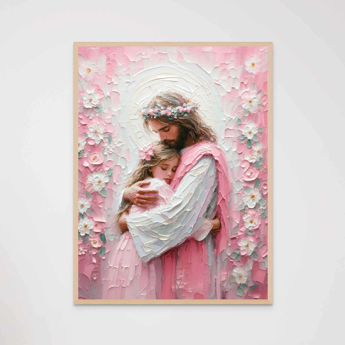 Jesus Hugging Girl Flower Crown Tender Impasto Pink Floral Christian Poster - Image 7