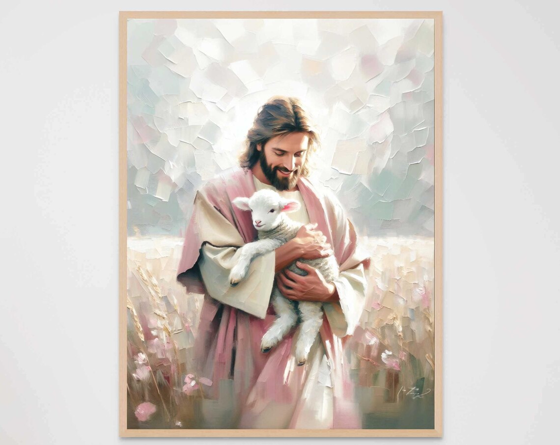 Jesus Standing in Flower Field Holding Lamb Pink Robe Art Poster - Image 7