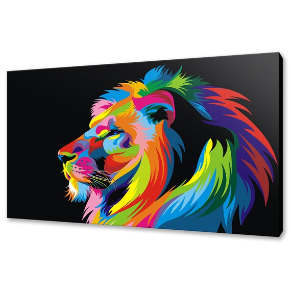 Pop Art Rainbow Lion Profile Side View Colorful Canvas Wall Art