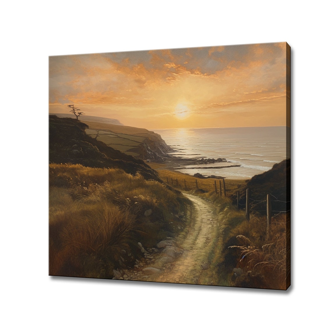 Golden Sunset Coastal Cliff Path Seaside Landscape Art Poster