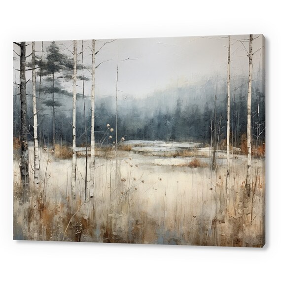 Birch Forest Vintage Country Landscape Antique Countryside Print Moody Painting Print Living Room Wall Art Farmhouse Decor Art