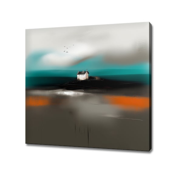 Lonely Coastal Cottage Teal Sea Minimalist Abstract Seascape Poster