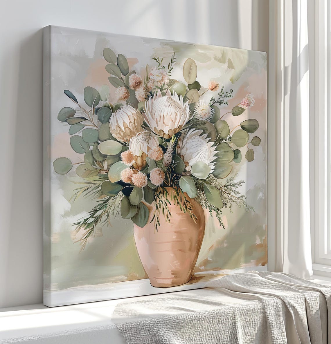 Pastel Flower Bouquet In Terracotta Vase Eucalyptus Painting Poster - Image 2