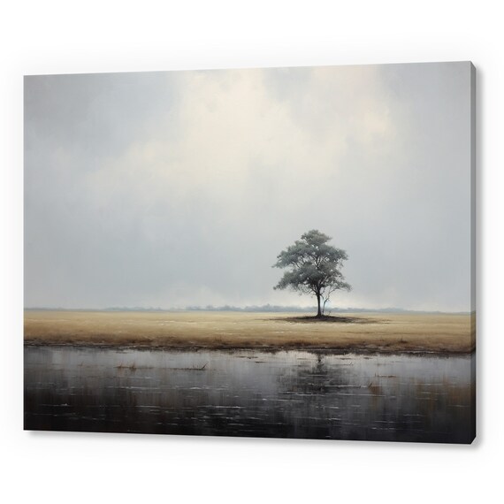 Vintage River Tree Country Landscape Antique Countryside Print Moody Painting Print Living Room Wall Art Farmhouse Decor Art