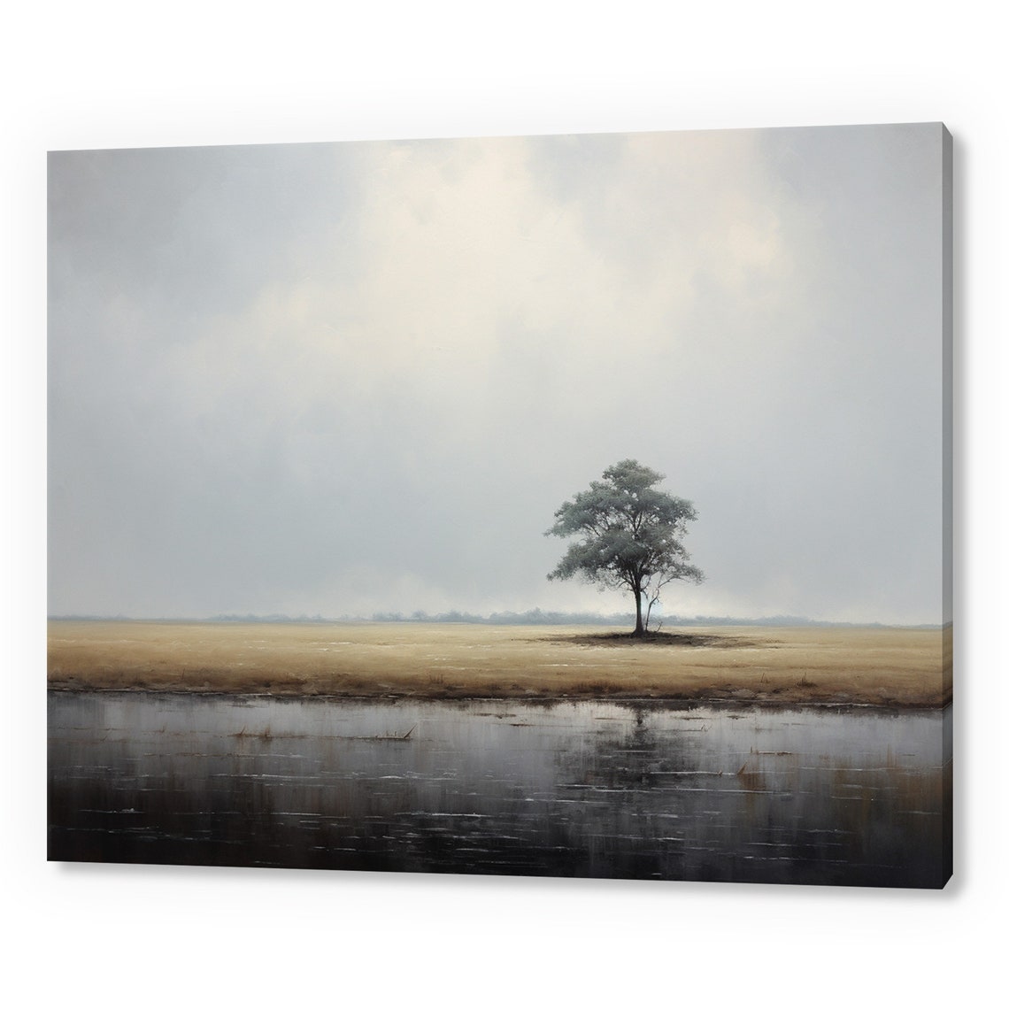 Lone Tree In Golden Field Dark Still Waters Minimal Vintage Poster
