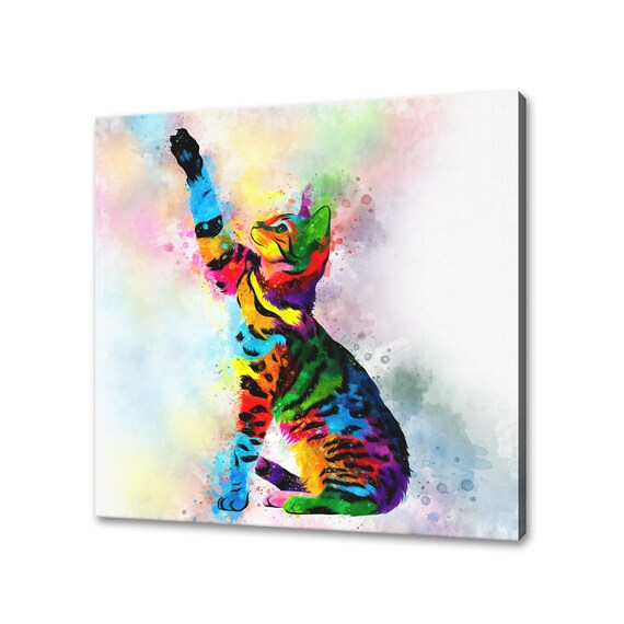 Rainbow Cat Reaching Paw Watercolor Splash Playful Kitten Art Poster