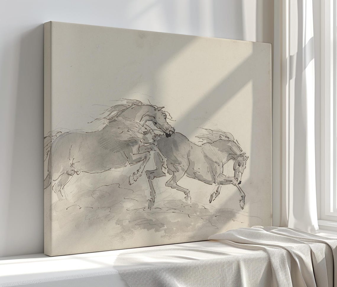 Two Rearing Horses Pencil Sketch Dynamic Equine Artwork Wall Art