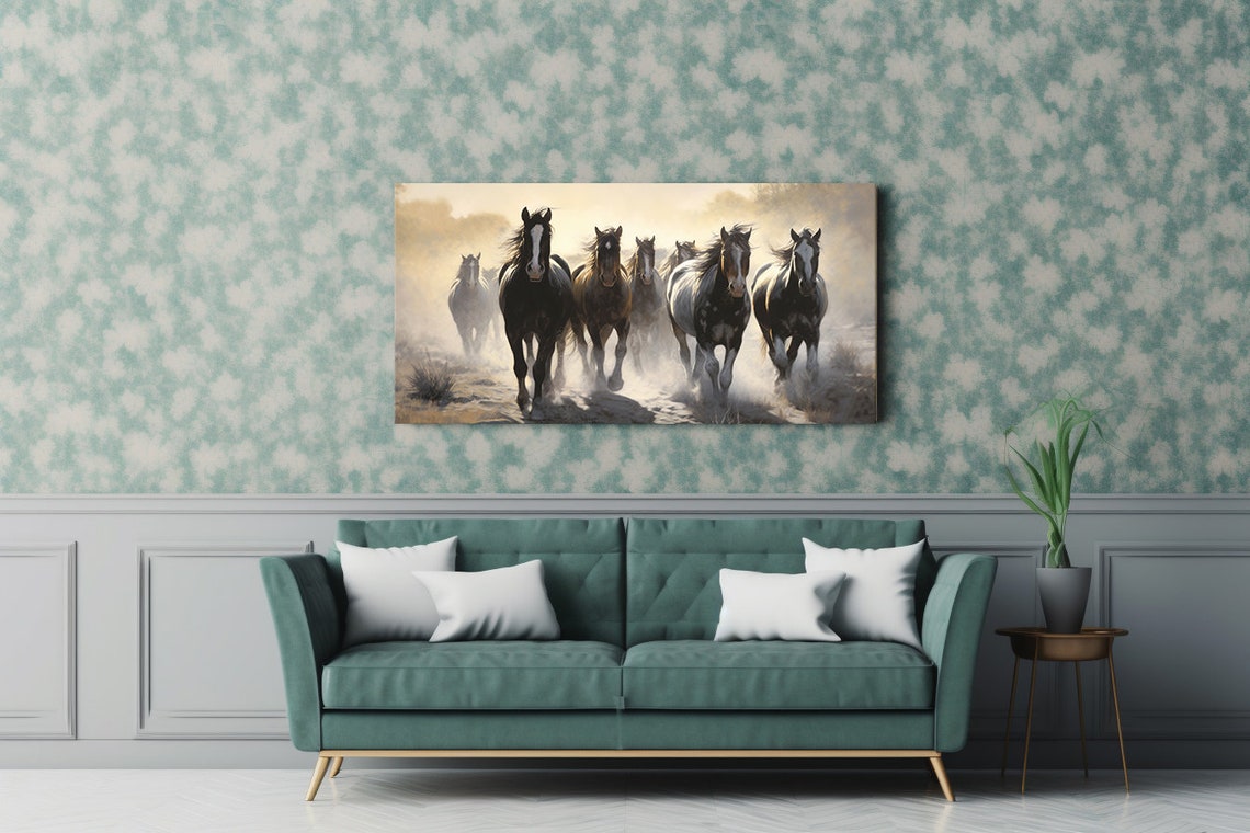 Running Wild Horses Stampede Dust Golden Light Panoramic Poster - Image 3