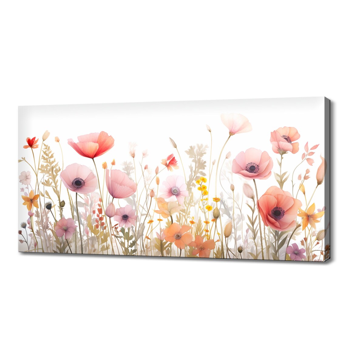 Pink Orange Poppies Pastel Watercolor Floral Meadow Art Poster