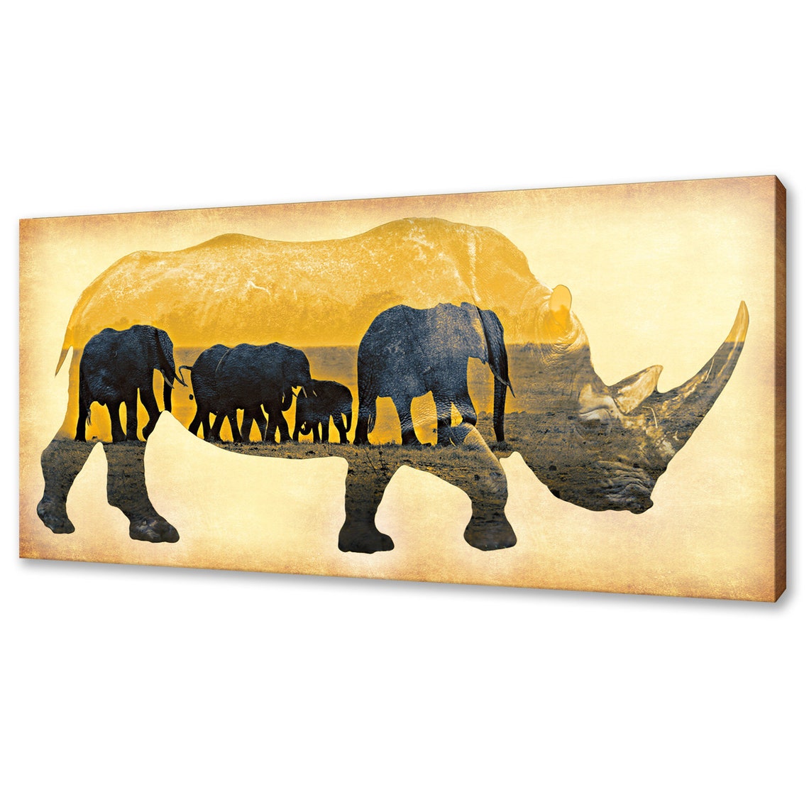 African Rhino Elephant Herd Double Exposure Gold Safari Wall Art