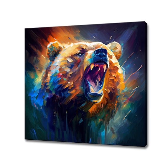 Roaring Grizzly Bear Colorful Impressionist Wildlife Oil Painting Wall Poster