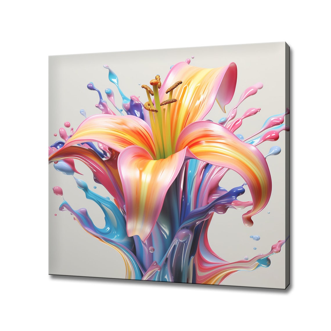 Pink Lily Flower With Colorful Paint Splash Swirls Modern Art Print
