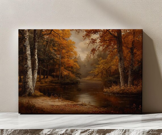 Autumn Forest Lake Trees Vintage Painting Print Countryside Moody Print Living Room Wall Art Farmhouse Decor Art
