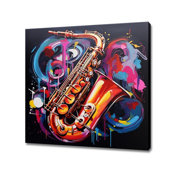 Golden Saxophone Neon Graffiti Swirl Dark Background Jazz Music Print