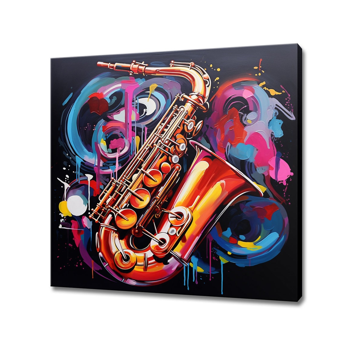 Golden Saxophone Neon Graffiti Swirl Dark Background Jazz Music Print