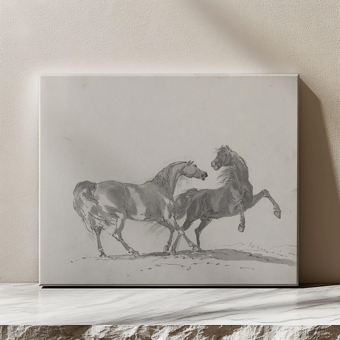 Two Horses Ink Sketch Rearing Monochrome Classic Equine Art Print