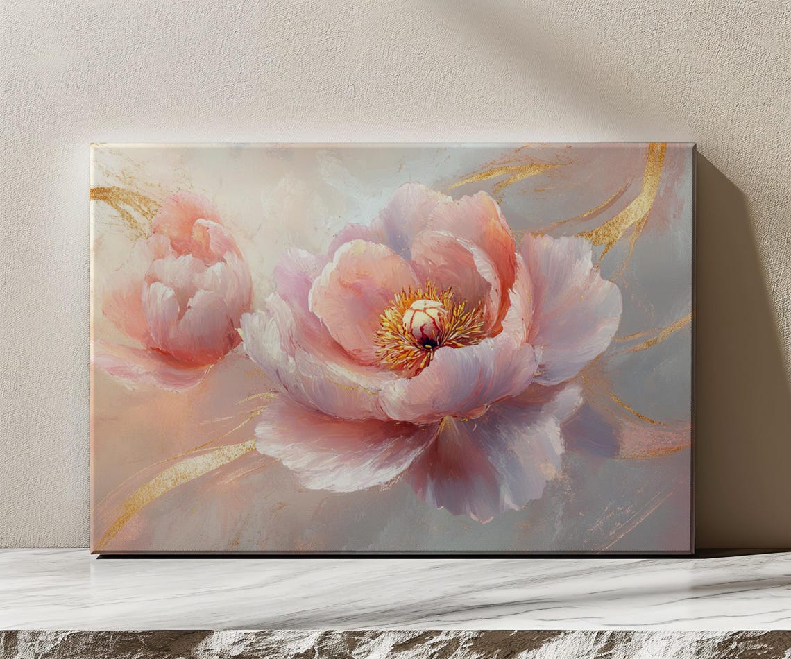 Beautiful Peach Peony Flower Vintage Painting Print Nature Floral Art Print Living Room Botanical Wall Art Farmhouse Decor Art