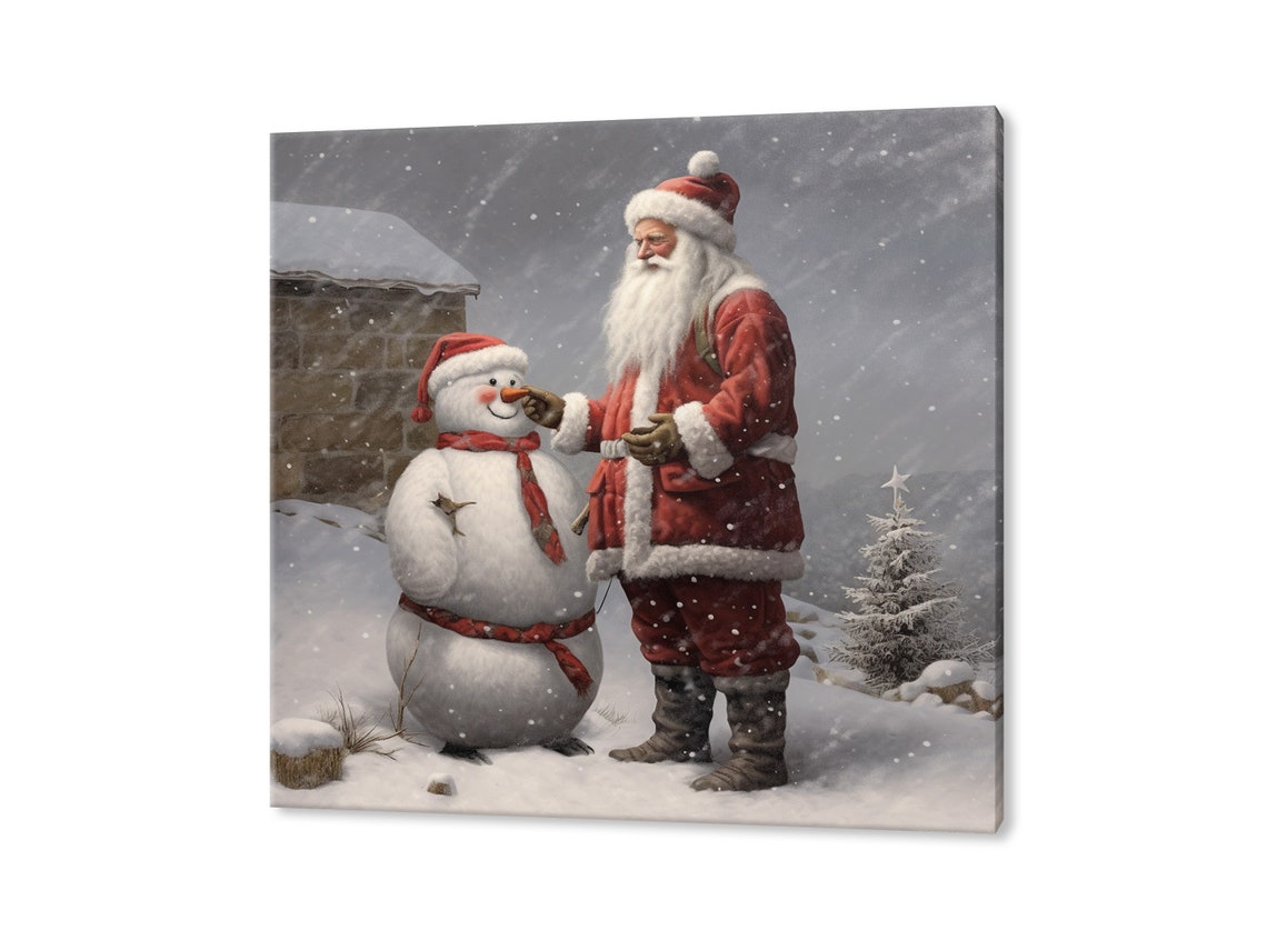 Santa Claus Finishing Snowman in Falling Snow Festive Winter Poster