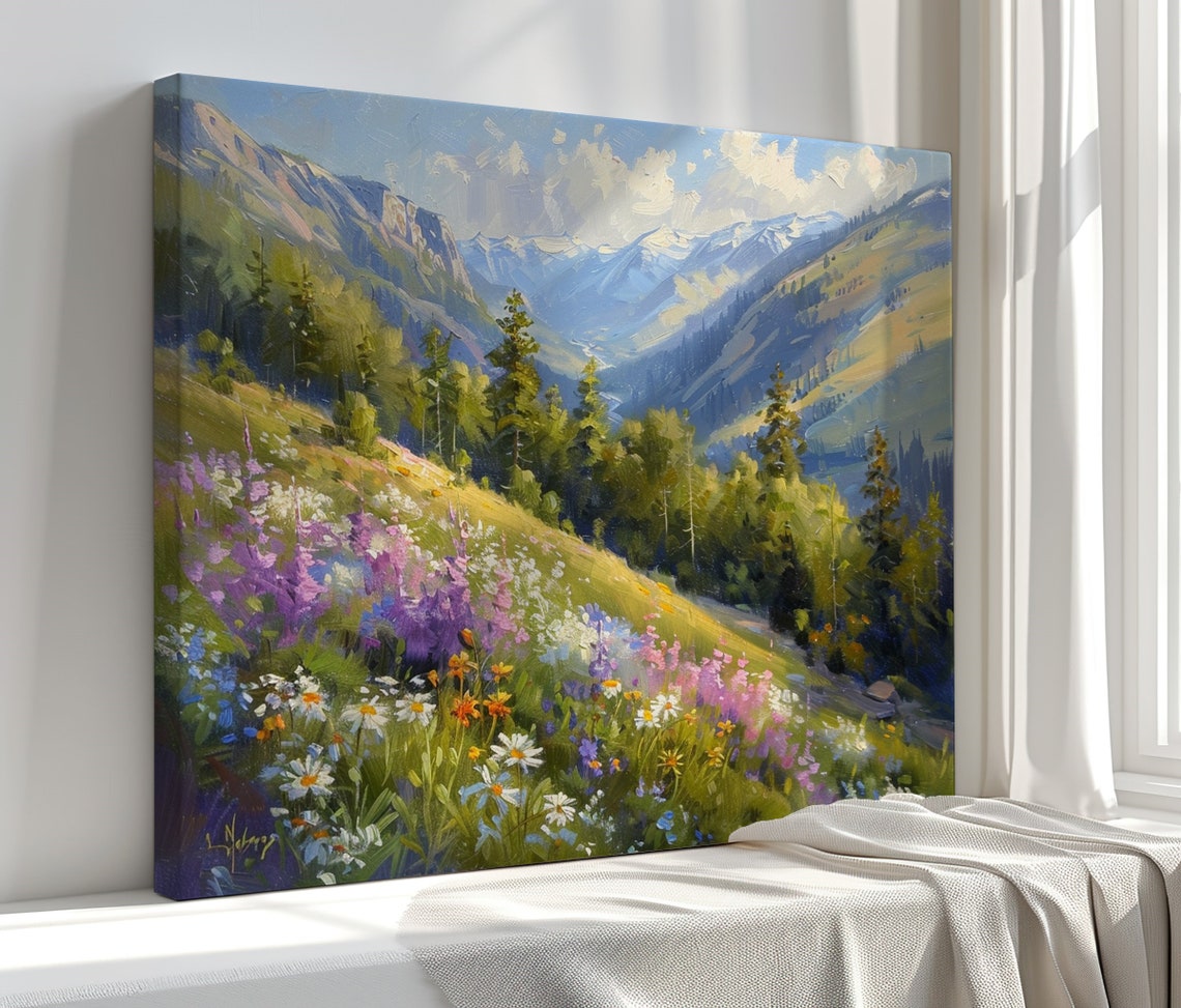 Mountain Valley Wildflower Meadow Snow Peaks Impressionist Poster - Image 3