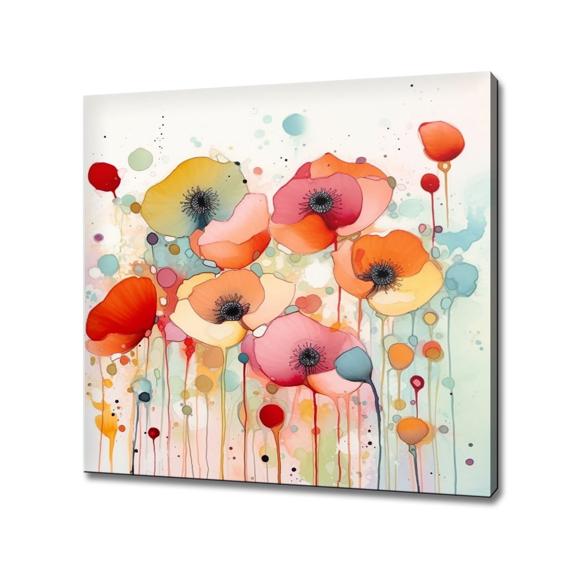 Red Orange Poppies Abstract Watercolor Drips White Floral Art Poster