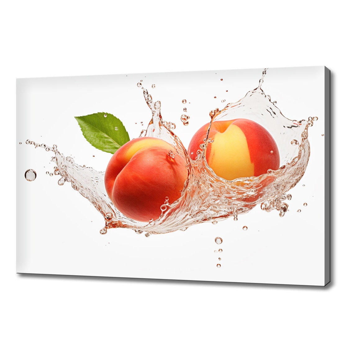 Fresh Peaches Splashing Water With Green Leaf Summer Fruit Poster
