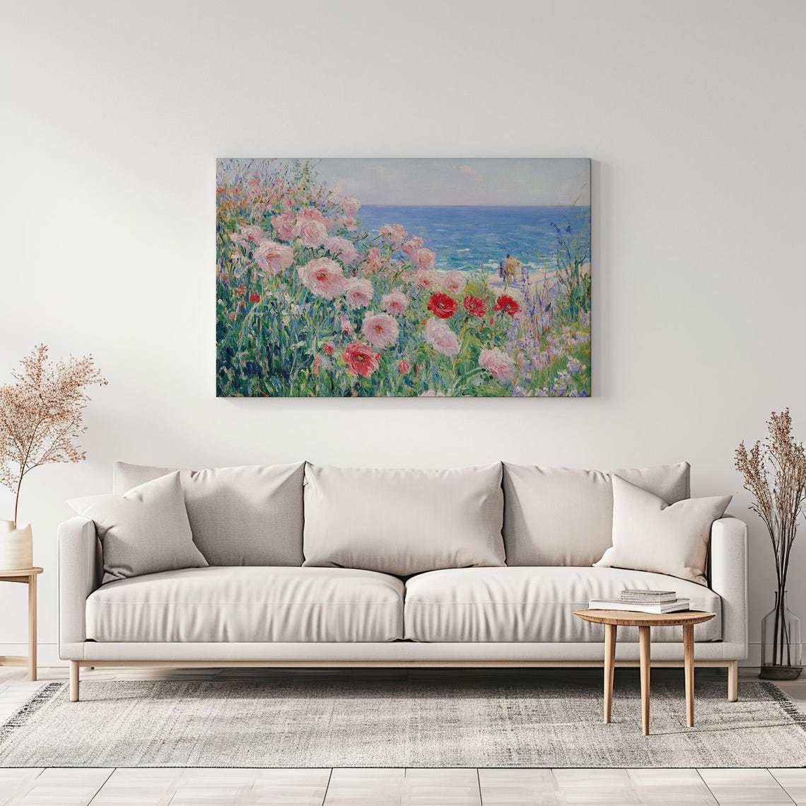 Beautiful Colourful Poppies Flowers Field By The Sea Vintage Painting Print Nature Floral Art Print Living Room Botanical Wall Art - Image 3