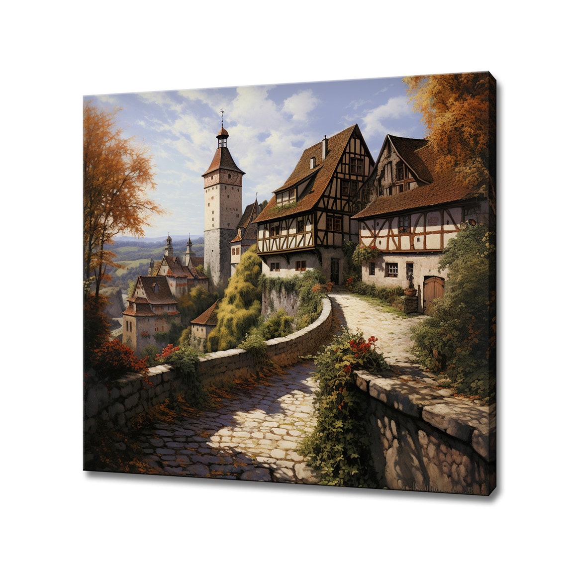 German Medieval Town Half-Timbered Houses Clock Tower Autumn Poster