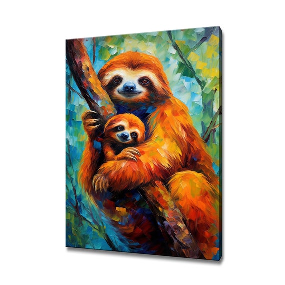 Sloth Mother And Baby Colourful Painting Wall Art Print Home Decor Handmade Wall Hanging Customised Gift Fast Free Uk Delivery