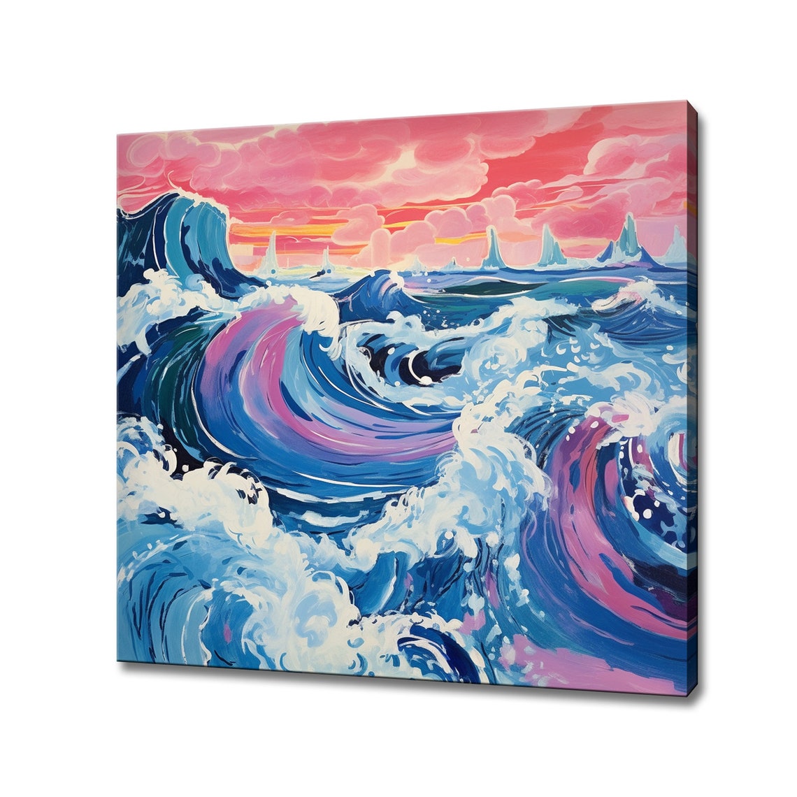 Fantasy Ocean Waves Crashing Pink Sunset Seascape Painterly Art Poster