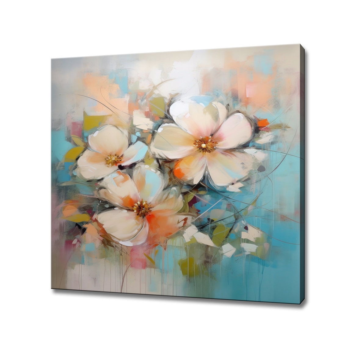 White Blossom Trio on Turquoise Abstract Background Oil Painting Print