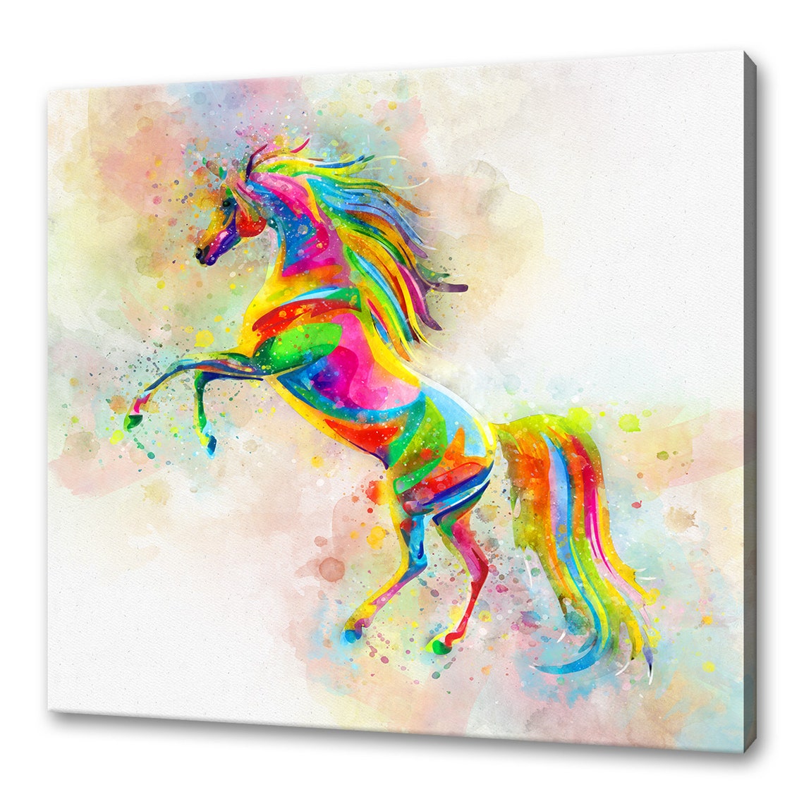 Colourful Rearing Rainbow Horse Watercolour Splash Art Poster