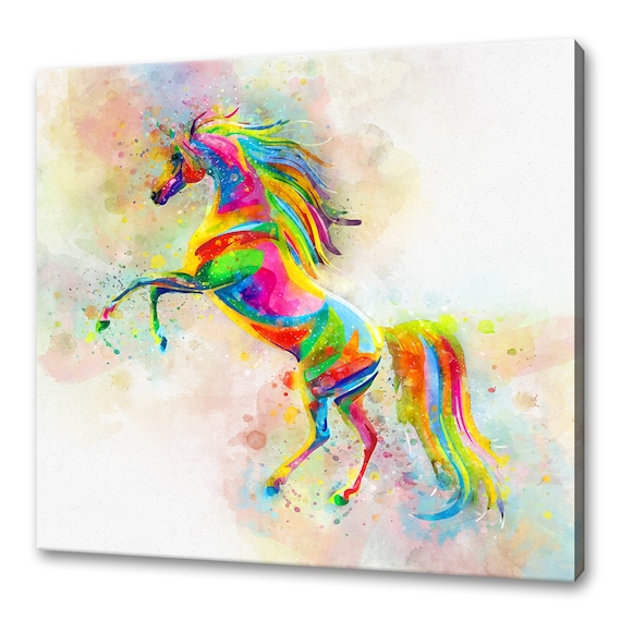 Colourful Rearing Rainbow Horse Watercolour Splash Art Poster