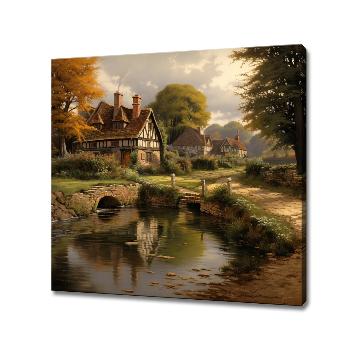 English Country Village Farmhouse Landscape Art Print