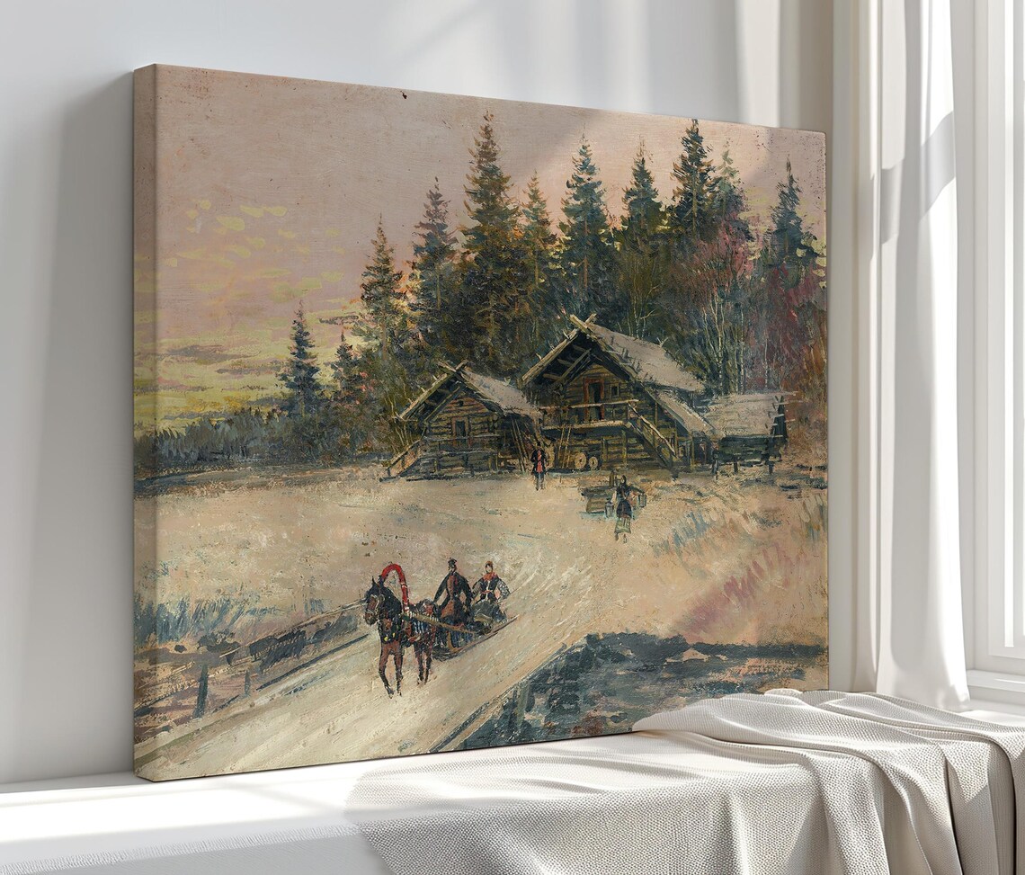 Snowy Village Cabins Pine Forest Dusk Horse Sleigh Painting Print