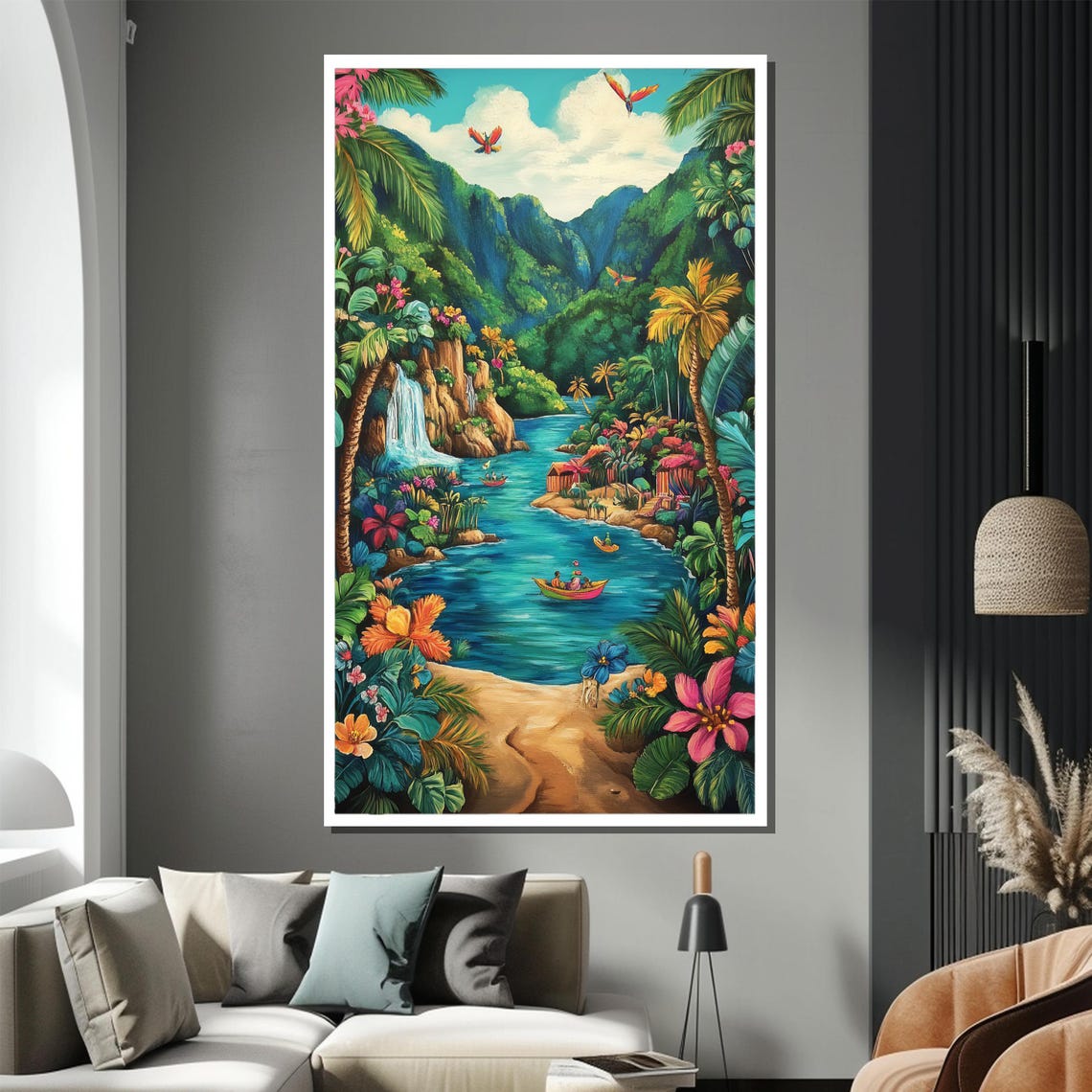 Tropical Paradise River Waterfall Jungle Vibrant Painting Poster - Image 2