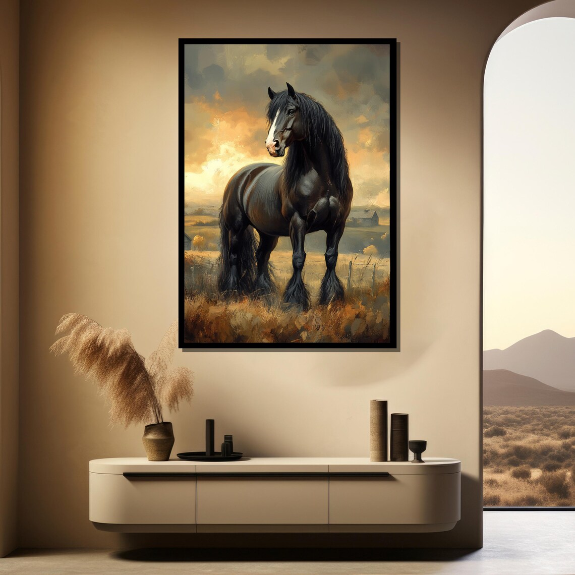 Black Stallion Standing Proud in a Golden Field at Sunset Poster - Image 4