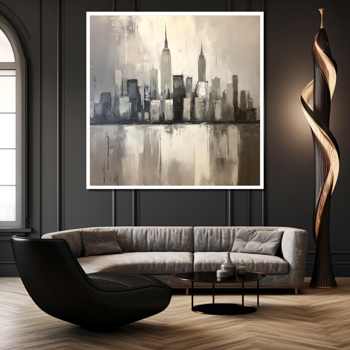 Gray Monochrome City Skyline Reflected In Water Modern Art Poster - Image 2