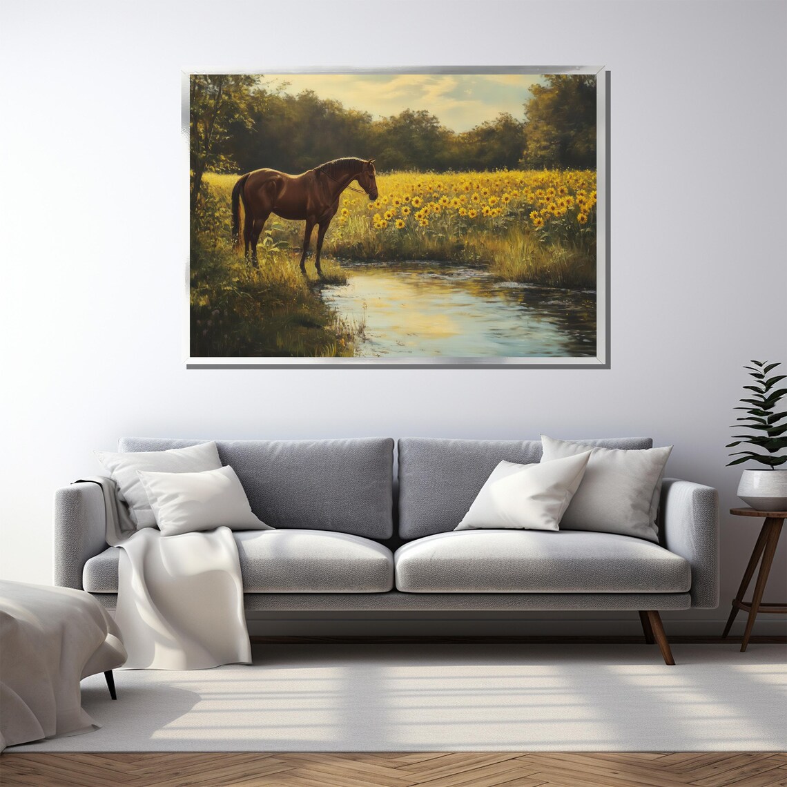 Horse Grazing by a Sunflower Field Near a Quiet Stream Poster - Image 3