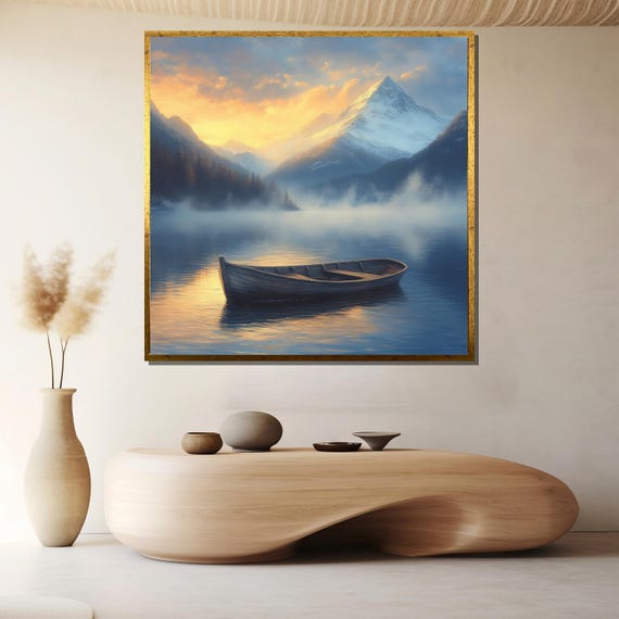 Mountain Landscape With Boat On Serene Lake Painting Elegant Wall Art Gift For White And Minimalist Room Decor