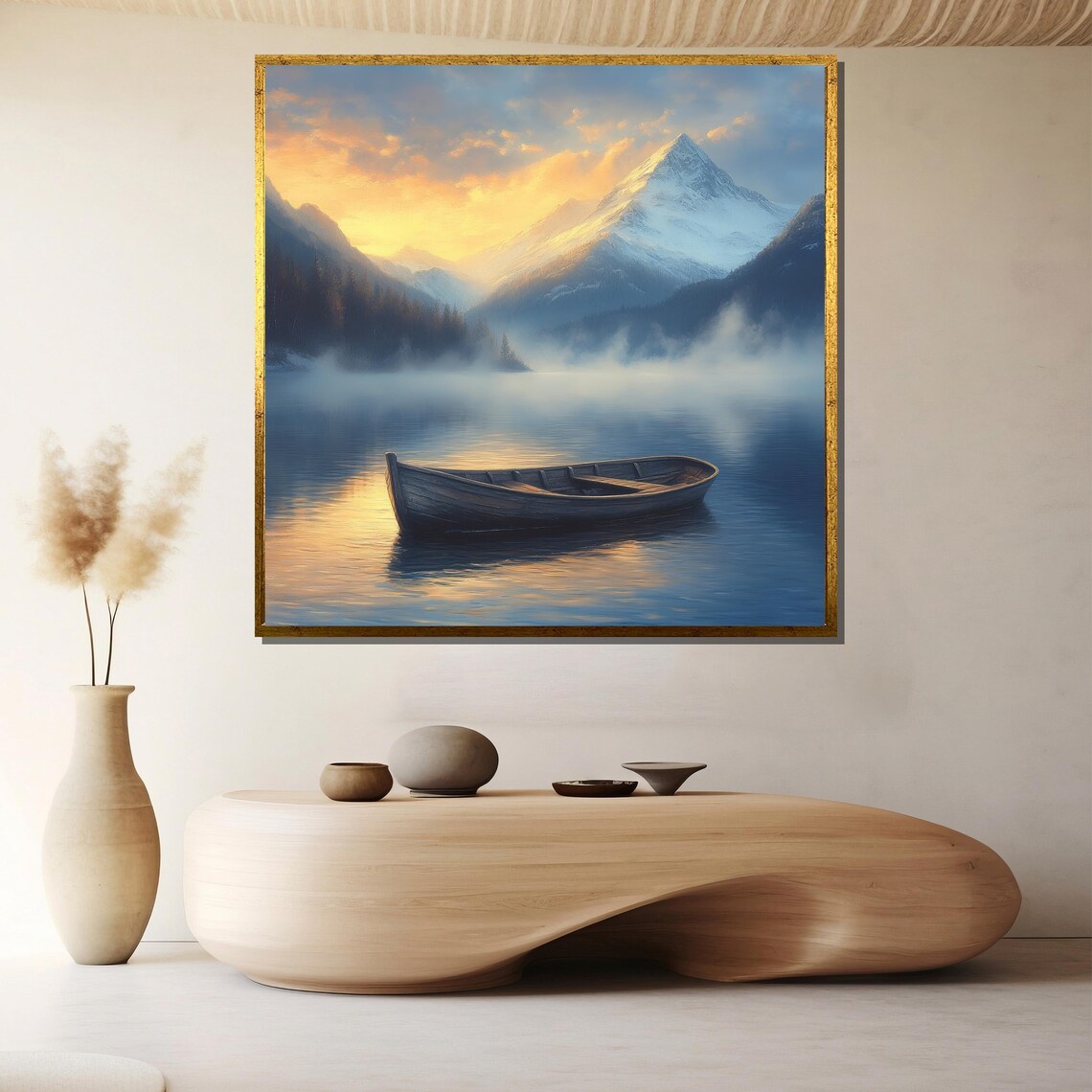 Lone Wooden Rowboat On Misty Mountain Lake At Sunrise Art Poster