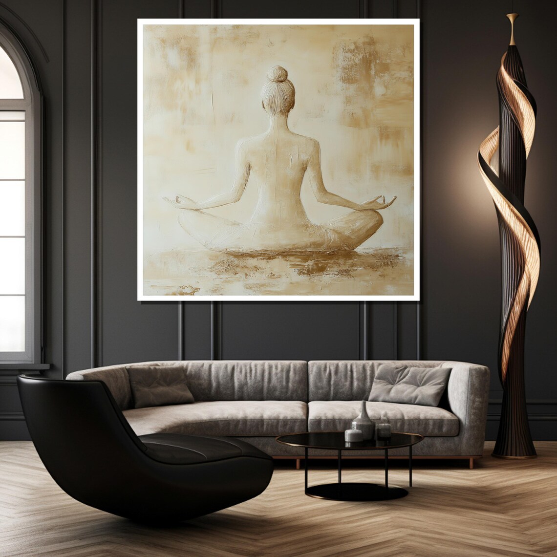 Woman Meditating From Behind in Soft Cream Minimalist Poster - Image 2